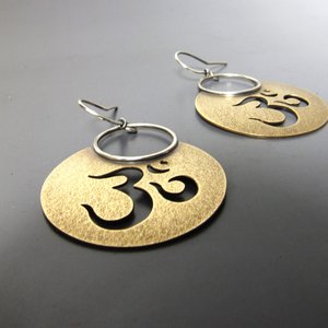 Bronze And Sterling Silver Om Earrings, Large Mixed Metal Dangles, Aum, Yoga, Sanskrit