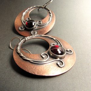Boho Garnet Earrings, Large Mixed Metal Gypsy Hoops In Copper And Sterling Silver
