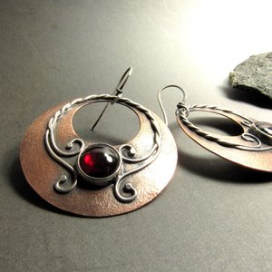 Boho Garnet Earrings, Large Mixed Metal Gypsy Hoops In Copper And Sterling Silver