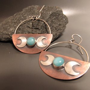 Crescent Moon Triple Goddess Earrings, Mixed Metal Copper, Sterling Silver And Amazonite Earrings