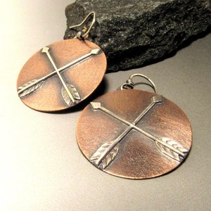 Copper And Silver Mixed Metal Earrings, Friendship Symbol, Disc Shape With Arrows