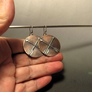 Copper And Silver Mixed Metal Earrings, Friendship Symbol, Disc Shape With Arrows