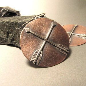 Copper And Silver Mixed Metal Earrings, Friendship Symbol, Disc Shape With Arrows
