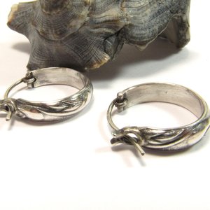 Small Sterling Silver Hoop Earrings, Swirl Design, Latching Clasp