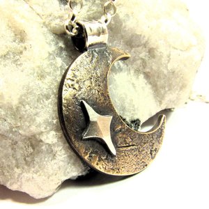 Rustic Bronze Crescent Moon Necklace, Unisex Sterling Silver Star Pendant