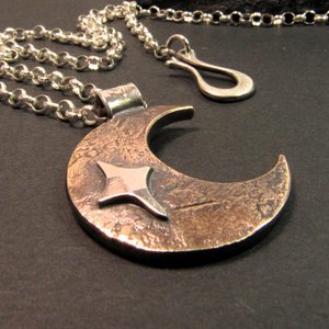 Rustic Bronze Crescent Moon Necklace, Unisex Sterling Silver Star Pendant