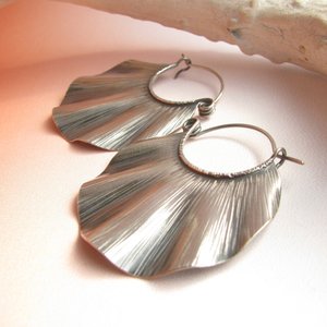 Large Sterling Silver Statement Earrings, Ruffled And Textured Big Silver Hoops, Unique Bohemian Jewelry