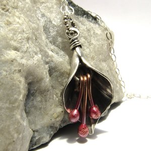 Handmade Sterling Silver Lily Necklace, Flower Jewelry, Red Copper Stamens