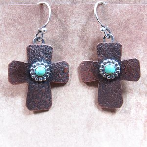 Rustic Copper Cross Earrings with Turquoise and Sterling Silver – Southwest Inspired Mixed Metal