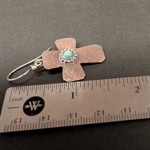 Rustic Copper Cross Earrings with Turquoise and Sterling Silver – Southwest Inspired Mixed Metal