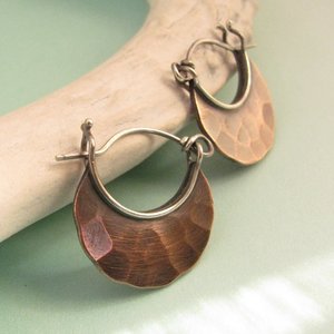Small Copper Earrings, Forged Hammer Texture, Copper Hoops, Contemporary Metalsmith Design