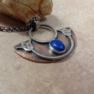 Handcrafted  Lapis Lazuli Lotus Necklace, Mixed Metal Pendant In Copper And Argentium Silver