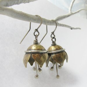Mixed Metal Bell Flower Earrings, Sterling Silver, Bronze, Artisan Jewelry
