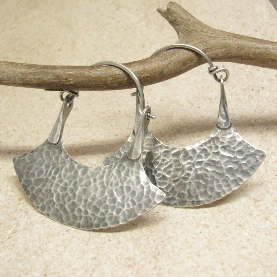 Large Sterling Silver Tribal Earrings, Forged Blade Hoop Earrings, Rustic Urban Metalsmith Jewelry