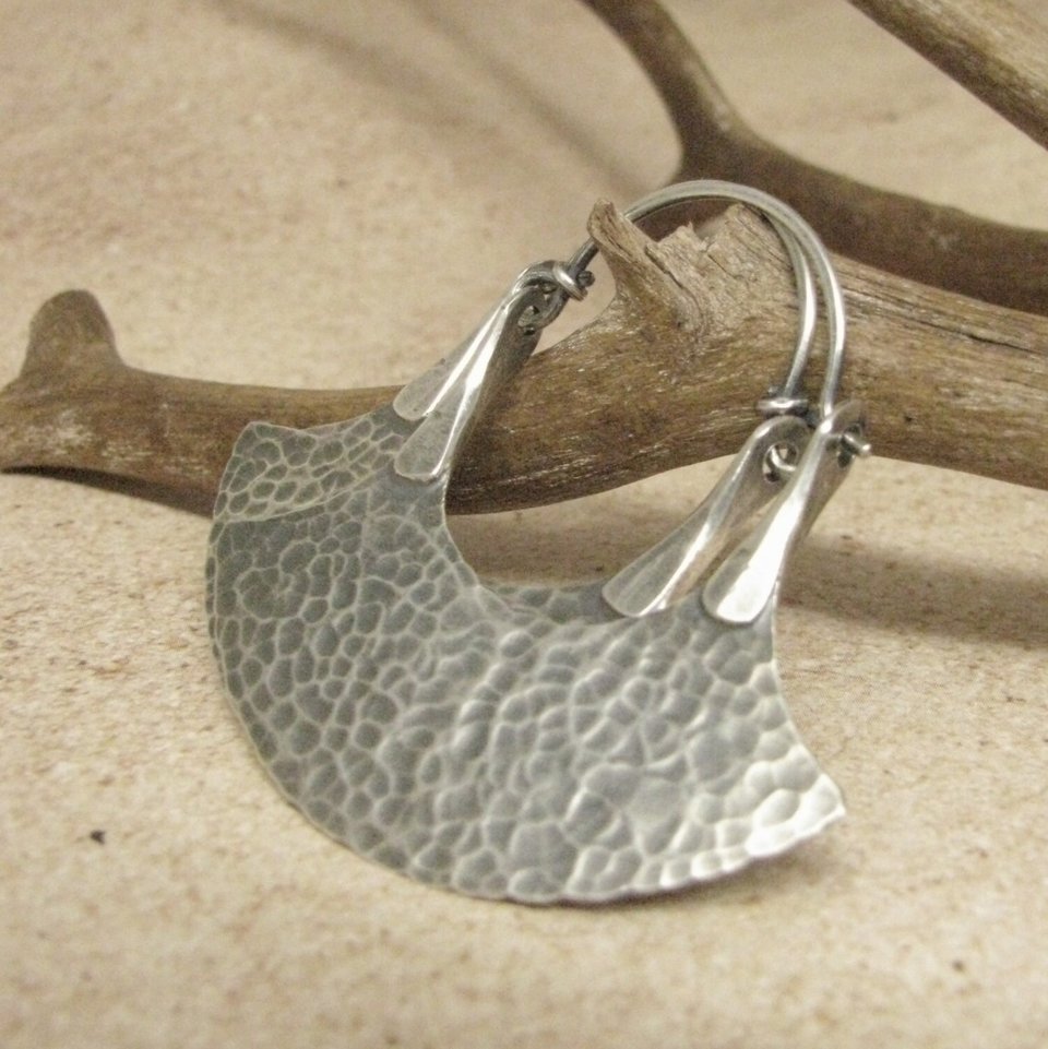 Large Sterling Silver Tribal Earrings, Forged Blade Hoop Earrings, Rustic Urban Metalsmith Jewelry