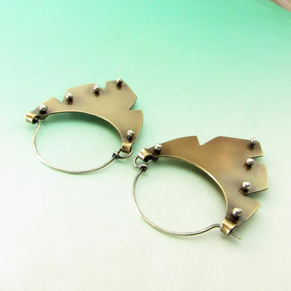 Geometric Feather Earrings, Mixed Metal Brass And Silver Tribal Hoops, Southwestern Statement Jewelry