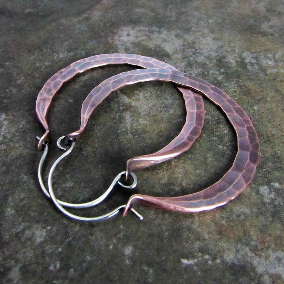 Hammered Copper Hoop Earrings, Sterling Silver Wires, Boho Rio Style