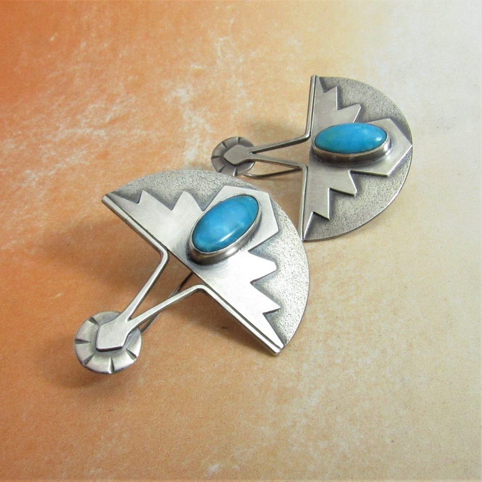 Turquoise Thunderbird Earrings,  Southwest Argentium Silver Jewelry