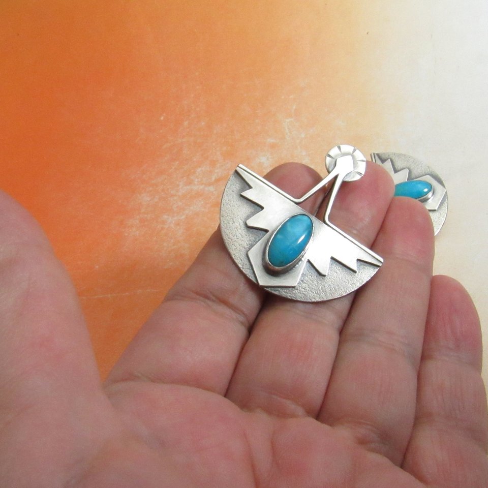 Turquoise Thunderbird Earrings,  Southwest Argentium Silver Jewelry