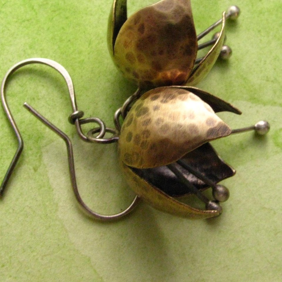 Tinkling Bell Flower Earrings, Brass and Sterling Silver, Mixed Metal Jewelry