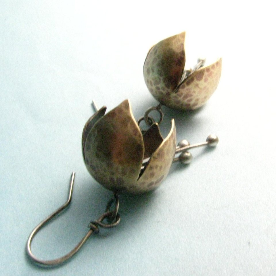 Tinkling Bell Flower Earrings, Brass and Sterling Silver, Mixed Metal Jewelry