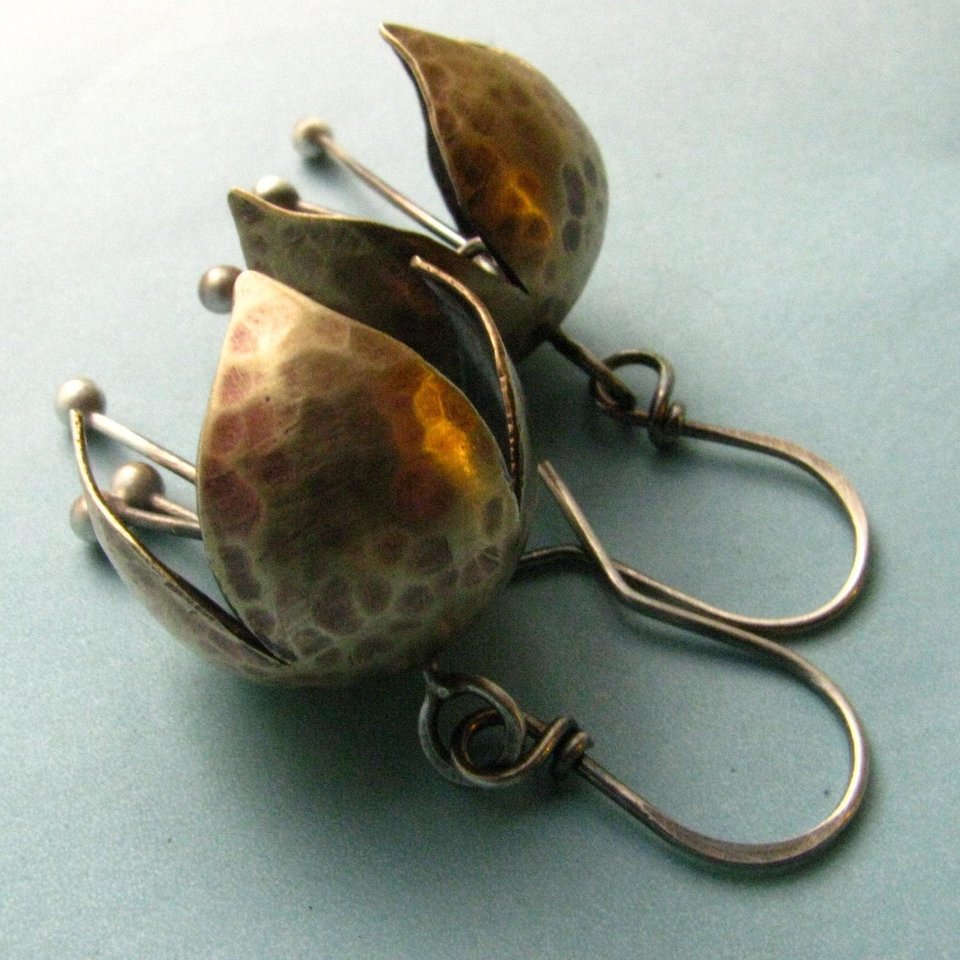 Tinkling Bell Flower Earrings, Brass and Sterling Silver, Mixed Metal Jewelry