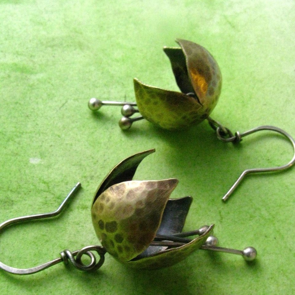 Tinkling Bell Flower Earrings, Brass and Sterling Silver, Mixed Metal Jewelry