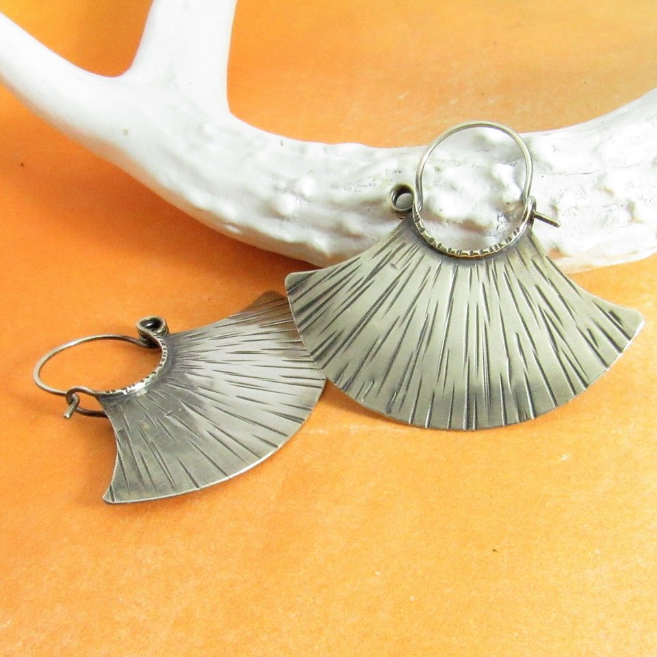 Sterling Silver Fan Earrings, Bold Statement Hoops, Argentium Metalsmith Jewelry