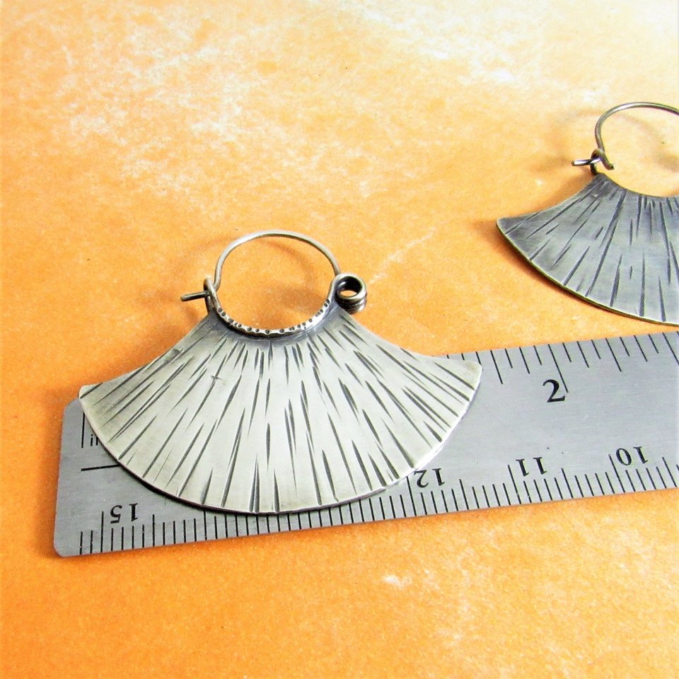 Sterling Silver Fan Earrings, Bold Statement Hoops, Argentium Metalsmith Jewelry