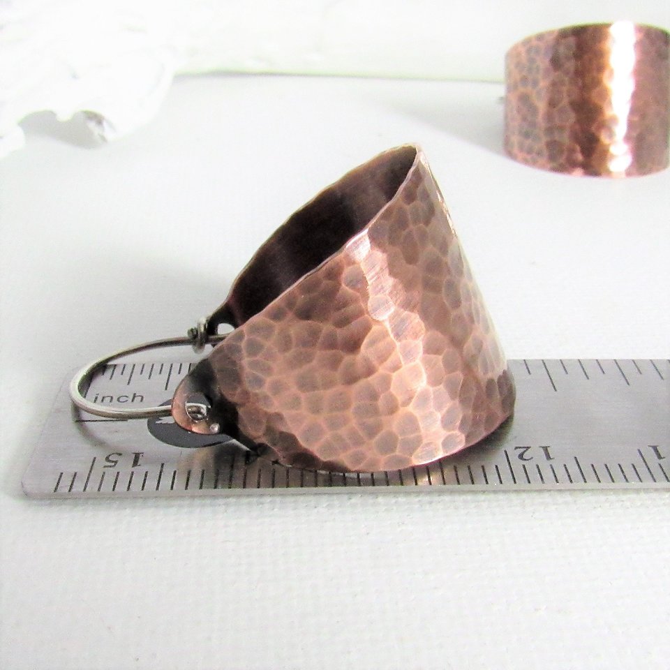Hammered Copper Basket Hoop Earrings, Rustic Sterling Silver Wires