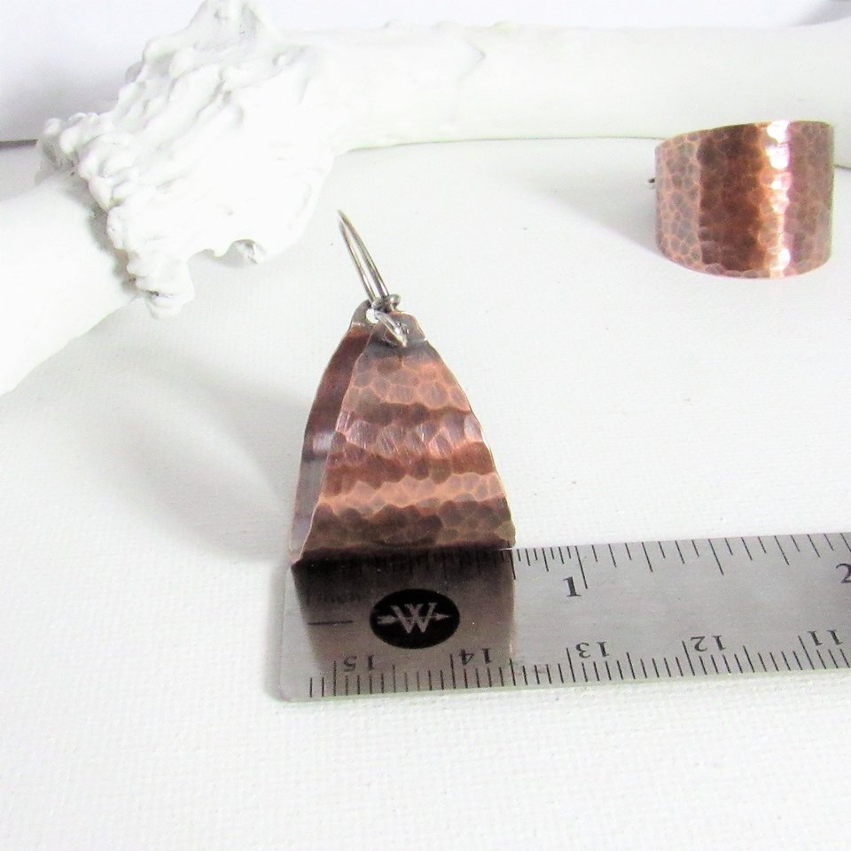 Hammered Copper Basket Hoop Earrings, Rustic Sterling Silver Wires