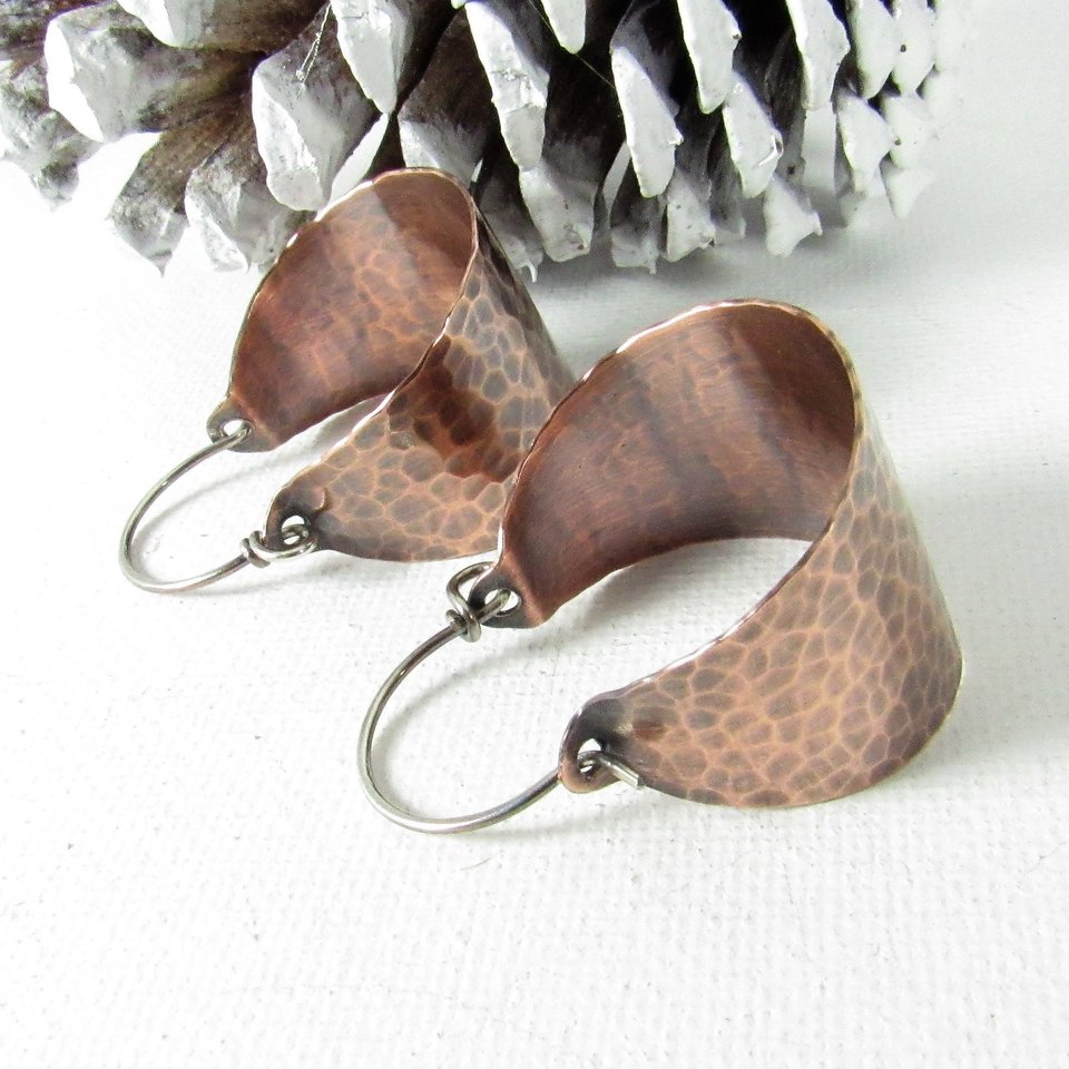 Hammered Copper Basket Hoop Earrings, Rustic Sterling Silver Wires