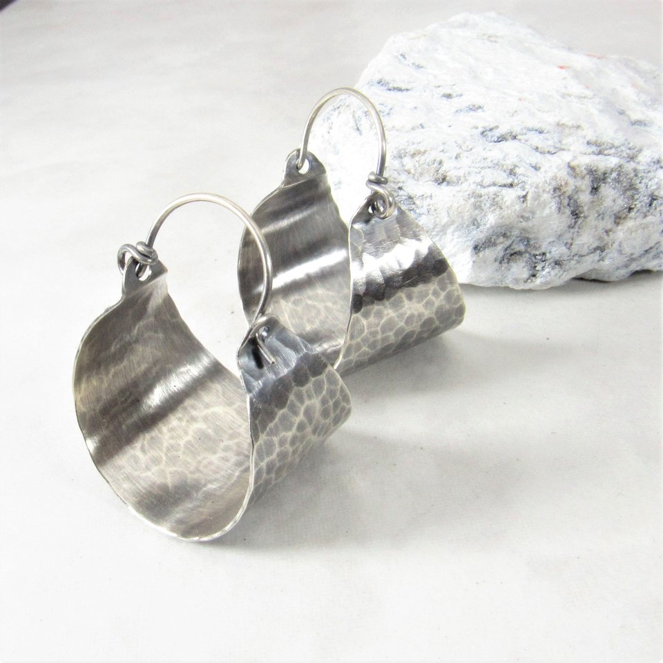 Hammered Sterling Silver Basket Hoop Earrings, Oxidized Finish