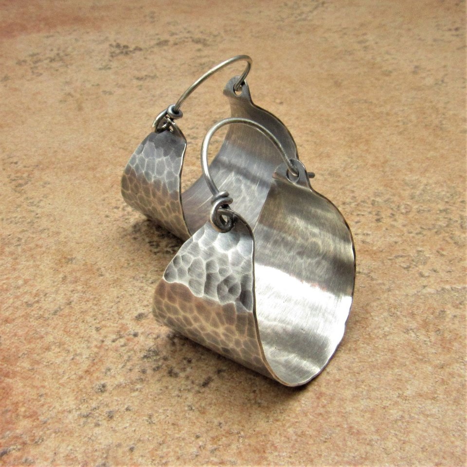 Hammered Sterling Silver Basket Hoop Earrings, Oxidized Finish