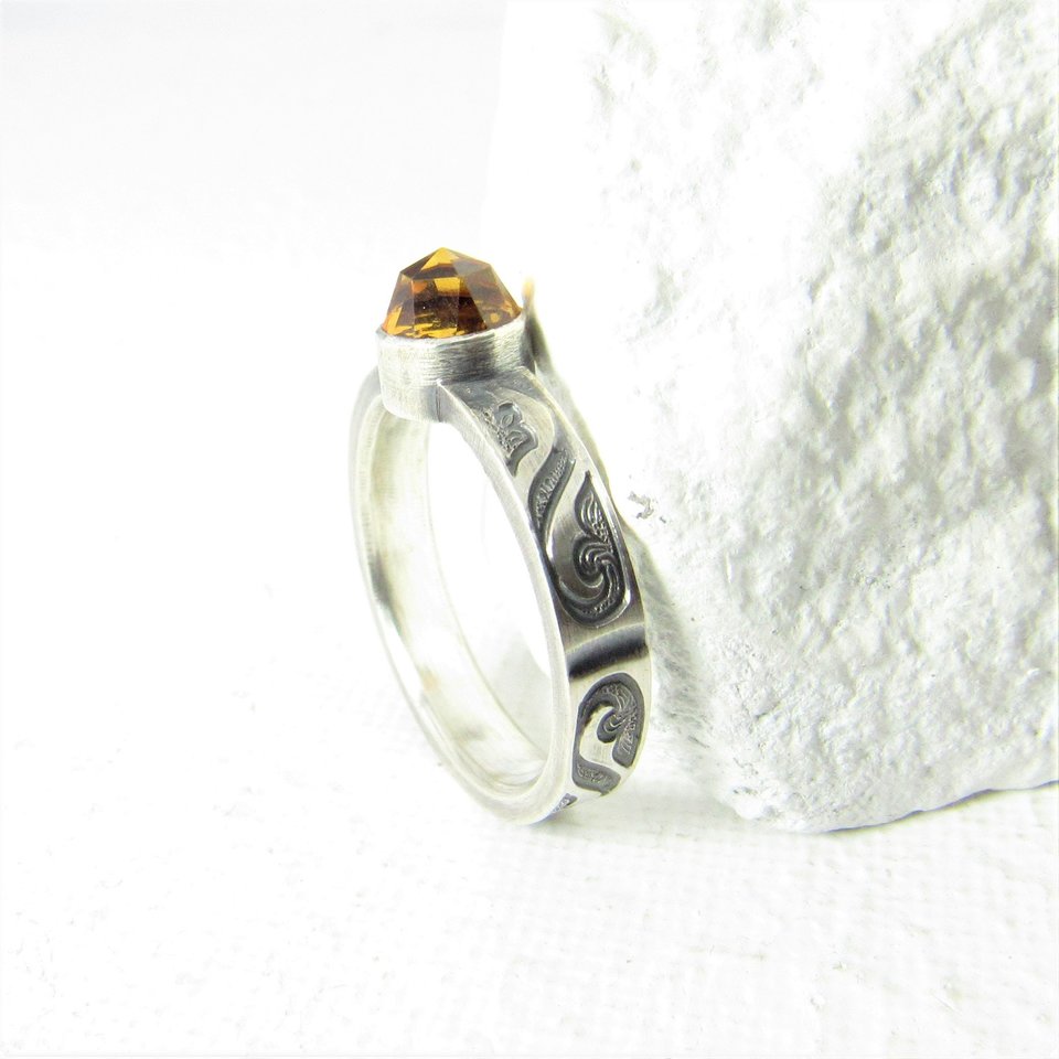 Citrine Sterling Silver Ring, Size 7, Wave Band
