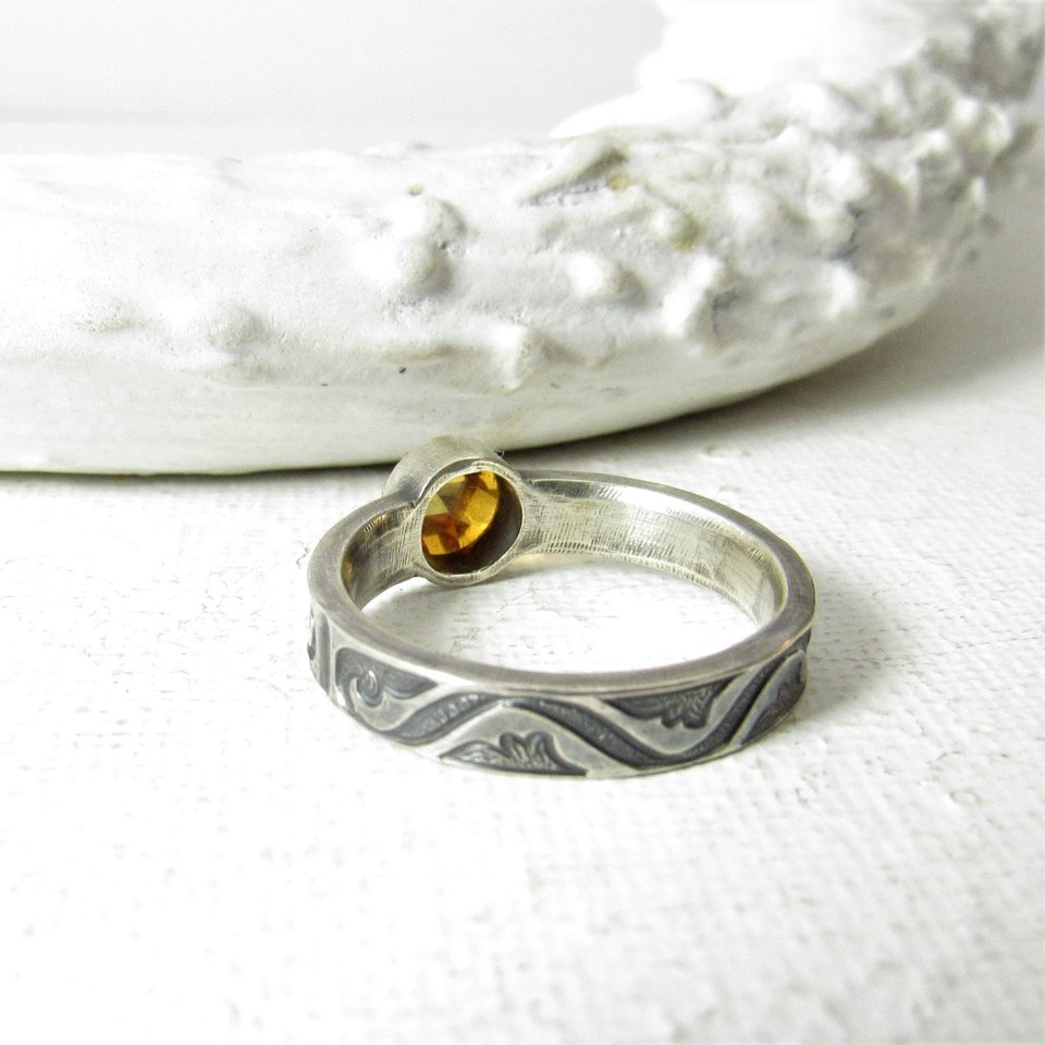 Citrine Sterling Silver Ring, Size 7, Wave Band
