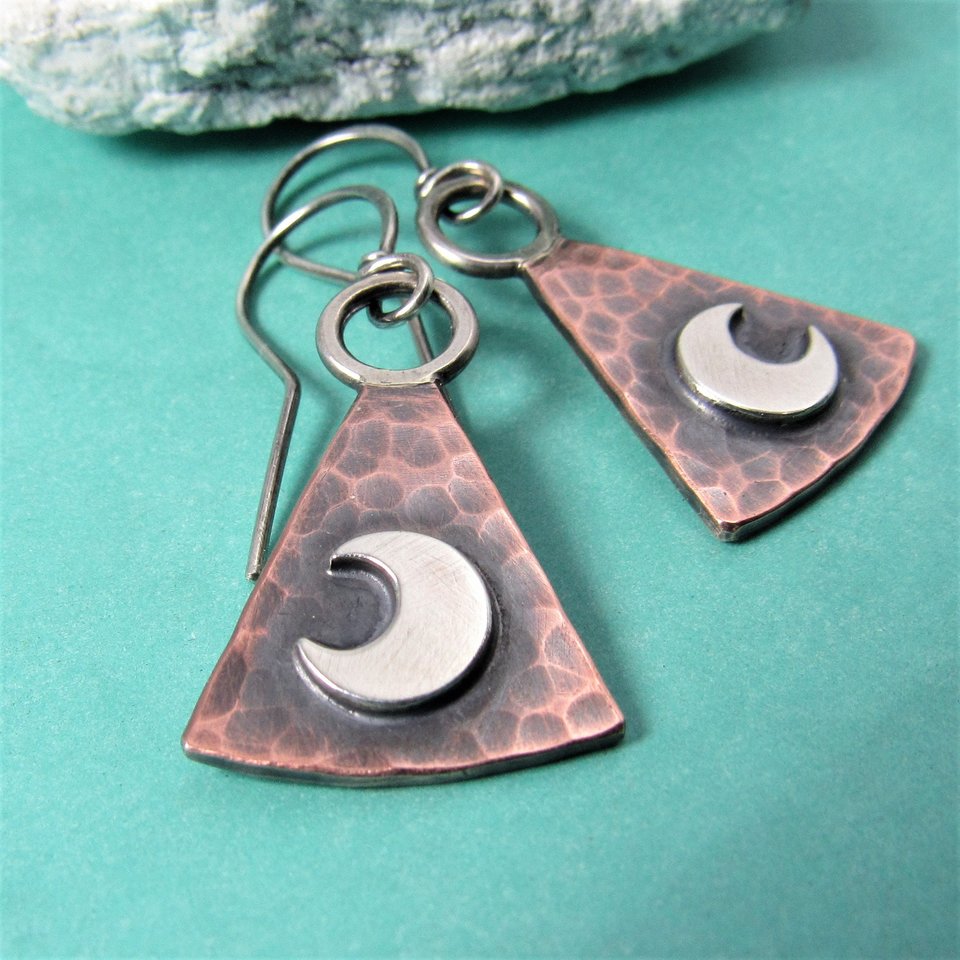 Moon Earrings, Sterling Silver And Copper Earrings, Geometric Mixed Metal  Lunar Jewelry By Mocahete