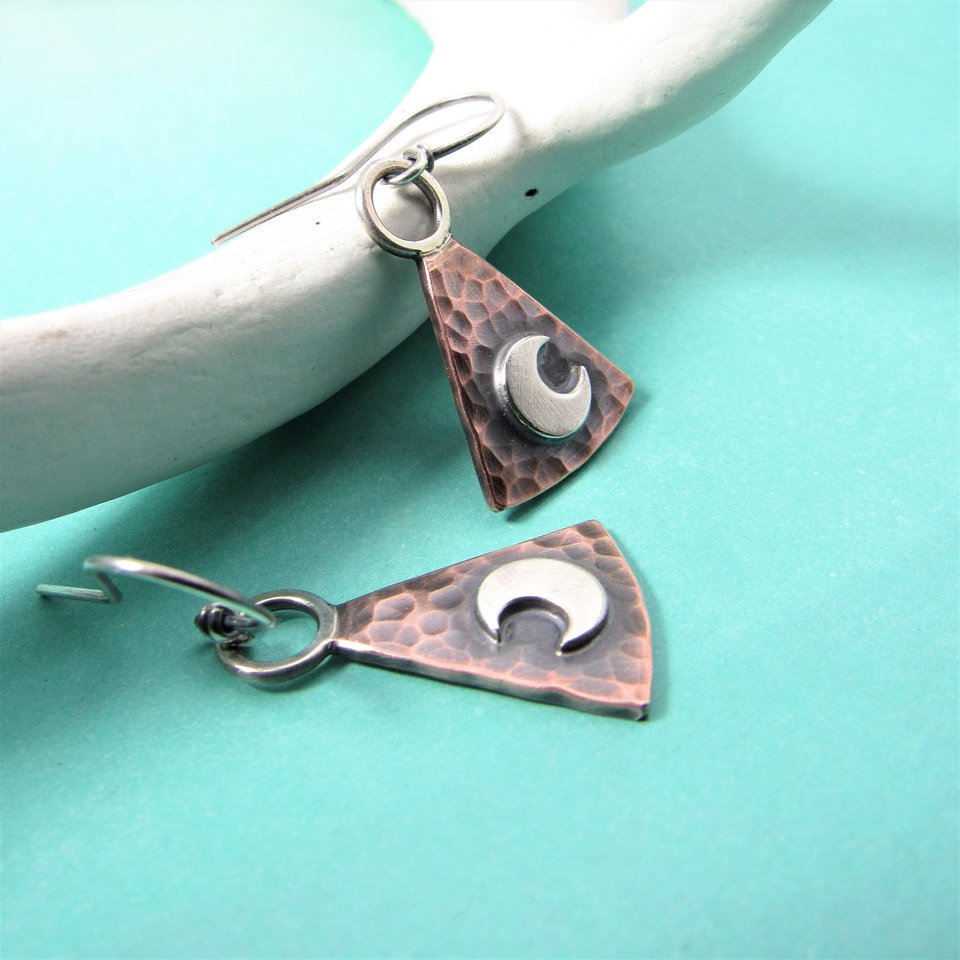 Moon Earrings, Sterling Silver And Copper Earrings, Geometric Mixed Metal  Lunar Jewelry By Mocahete