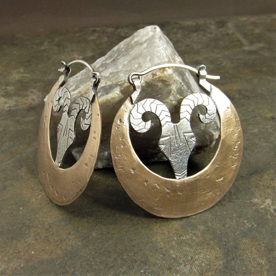 Rams Head Earrings, Large Silver And Bronze Exotic Statement Earrings,  Aries, Mixed Metal Design