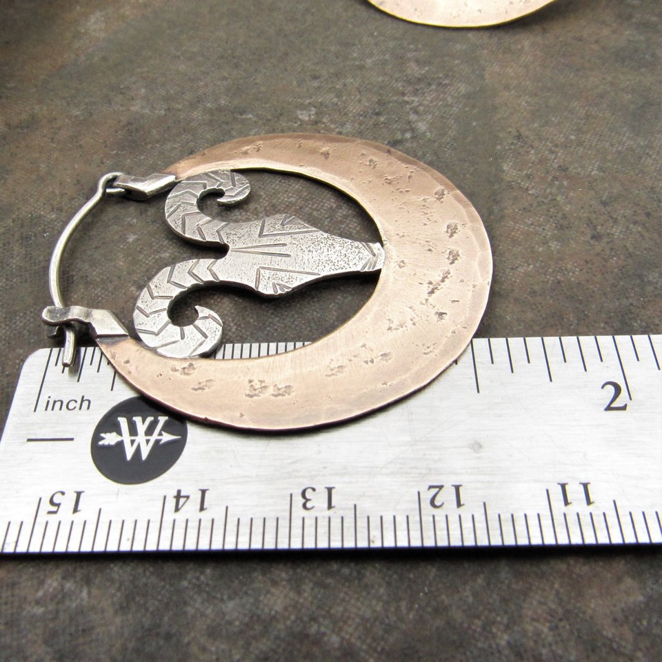 Rams Head Earrings, Large Silver And Bronze Exotic Statement Earrings,  Aries, Mixed Metal Design