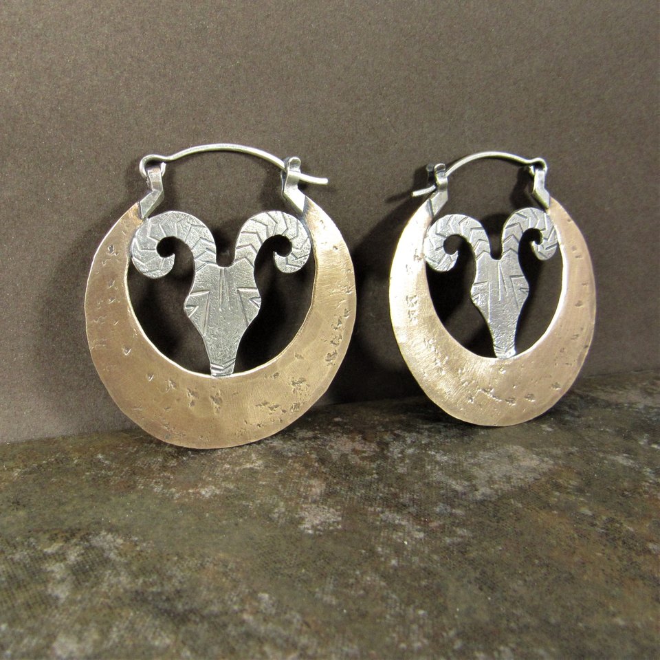 Rams Head Earrings, Large Silver And Bronze Exotic Statement Earrings,  Aries, Mixed Metal Design