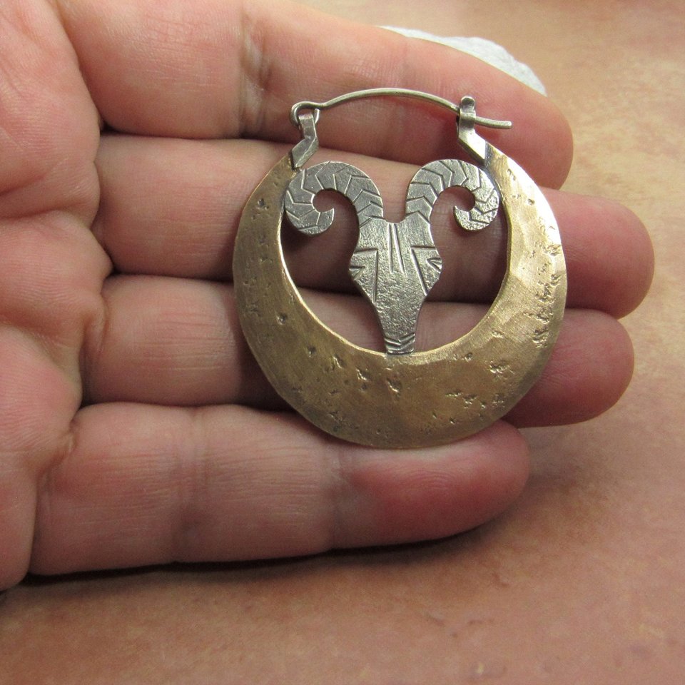 Rams Head Earrings, Large Silver And Bronze Exotic Statement Earrings,  Aries, Mixed Metal Design