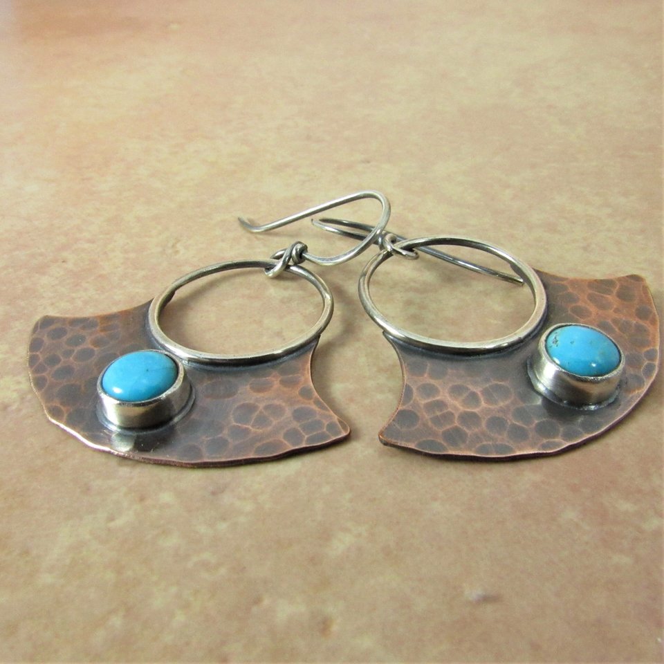 Hammered Copper And Turquoise Earrings, Mixed Metal Jewelry By Mocahete