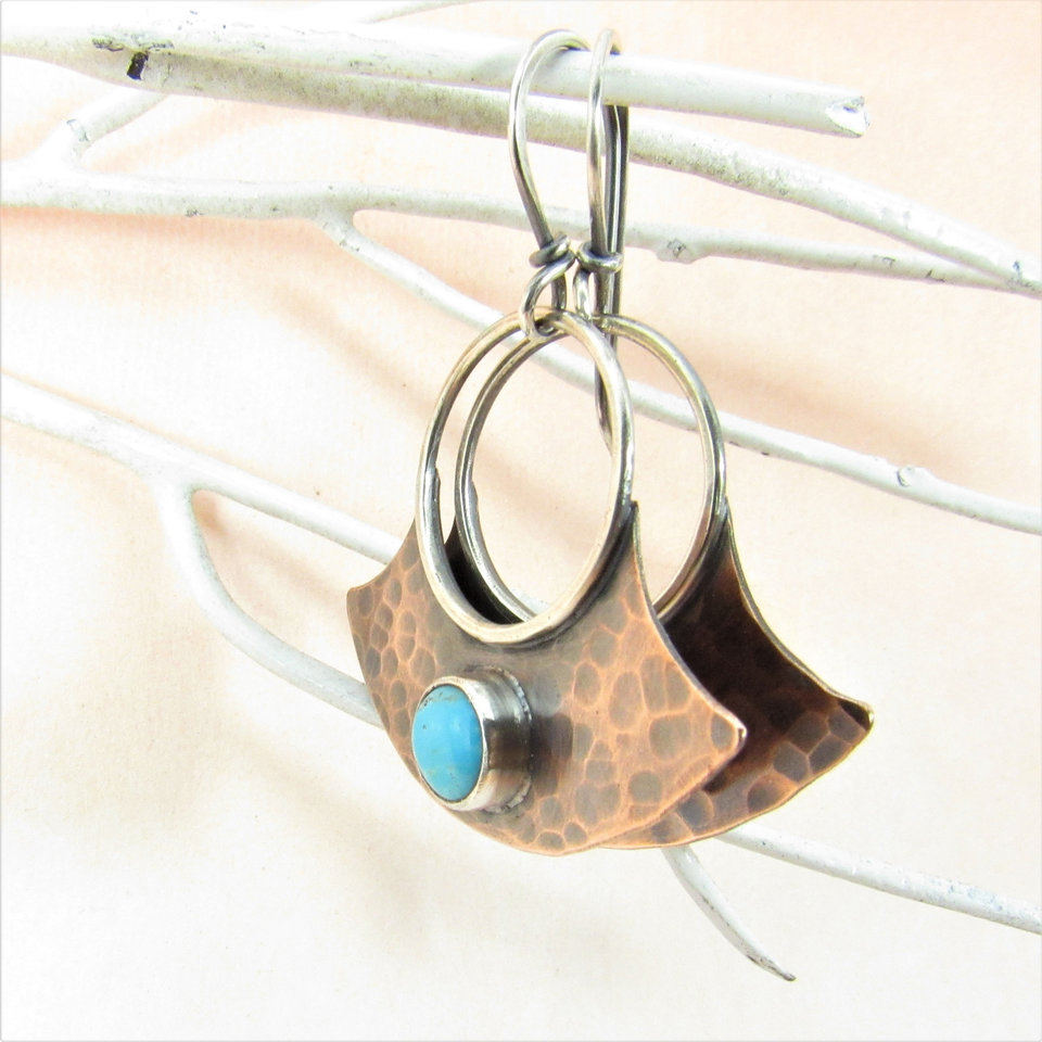 Hammered Copper And Turquoise Earrings, Mixed Metal Jewelry By Mocahete