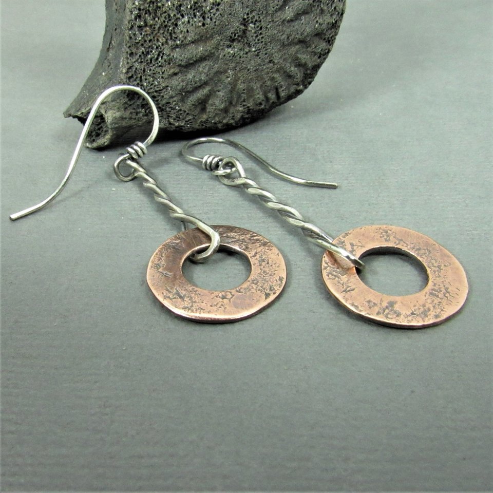 Rustic Silver And Copper Earrings,  Weathered Washer, Simple Rugged Design, Mixed Metal Jewelry