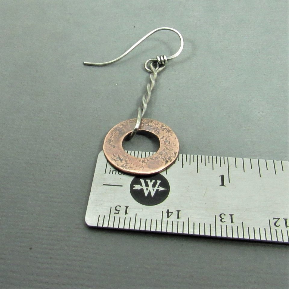Rustic Silver And Copper Earrings,  Weathered Washer, Simple Rugged Design, Mixed Metal Jewelry