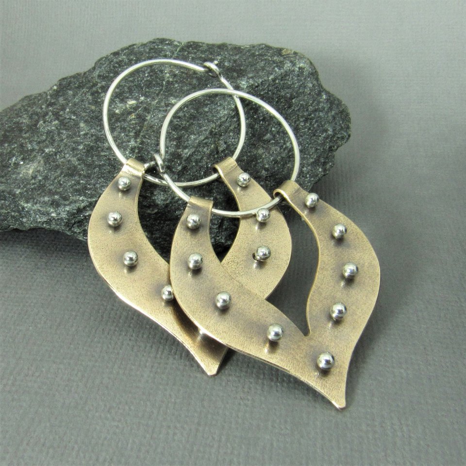 Pinned Lotus Tribal Earrings, Mixed Metal Sterling Silver and Bronze Hoops