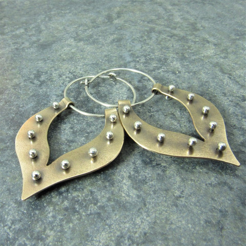 Pinned Lotus Tribal Earrings, Mixed Metal Sterling Silver and Bronze Hoops