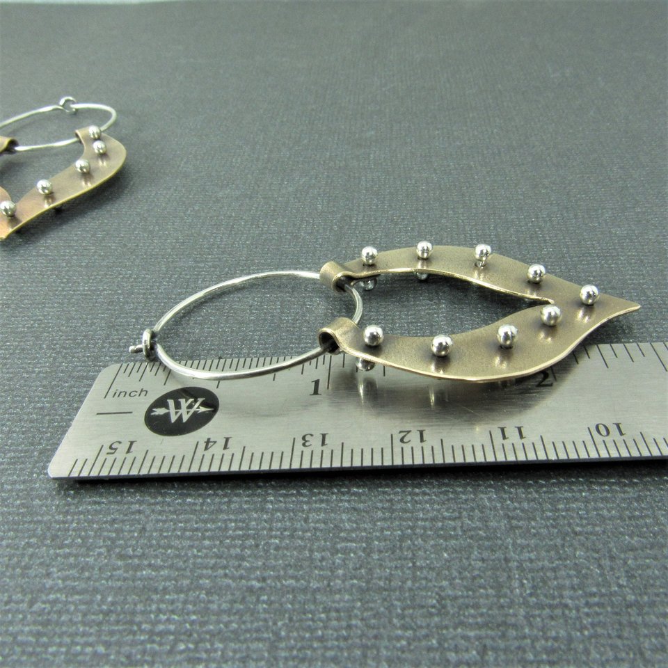 Pinned Lotus Tribal Earrings, Mixed Metal Sterling Silver and Bronze Hoops