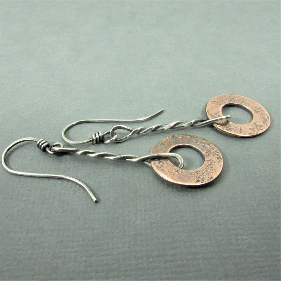 Rustic Silver And Copper Earrings,  Weathered Washer, Simple Rugged Design, Mixed Metal Jewelry